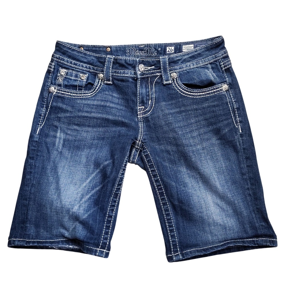Miss Me Easy Bermuda Shorts Women 26‎ Blue Thick Stitch Fleur De Lis Studs